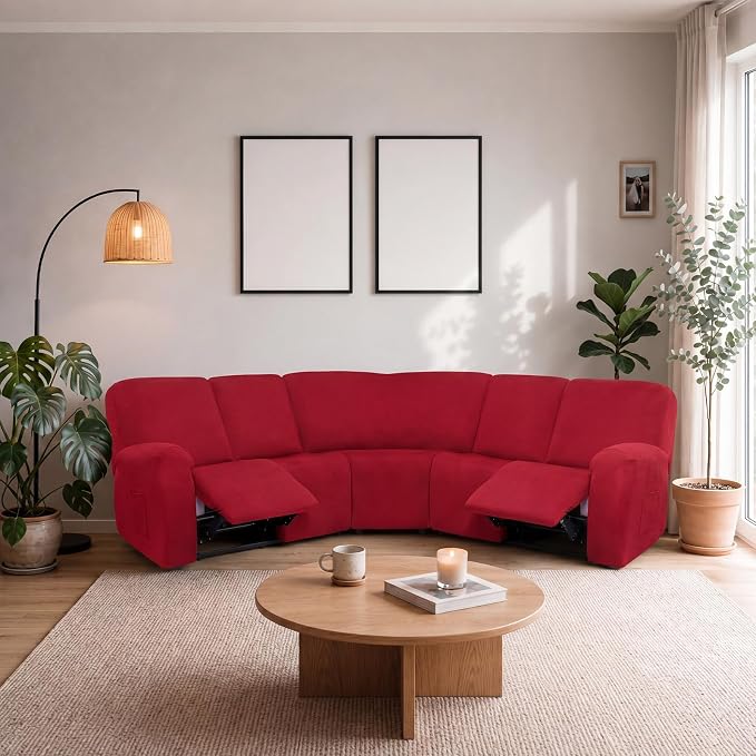 Peryiter 7 Pcs L Shape Sectional Recliner Sofa Covers 5 Seat Sectional Couch Covers Milk Silk Velvet Stretch Reclining Sofa Slipcover Furniture Protector for Living Room (Christmas Red,Milk Silk) - Image 2