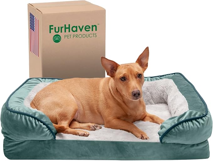Furhaven Orthopedic Dog Bed for Medium/Small Dogs w/ Removable Bolsters & Washable Cover, For Dogs Up to 35 lbs - Plush & Velvet Waves Perfect Comfort Sofa - Celadon Green, Medium by FurHaven