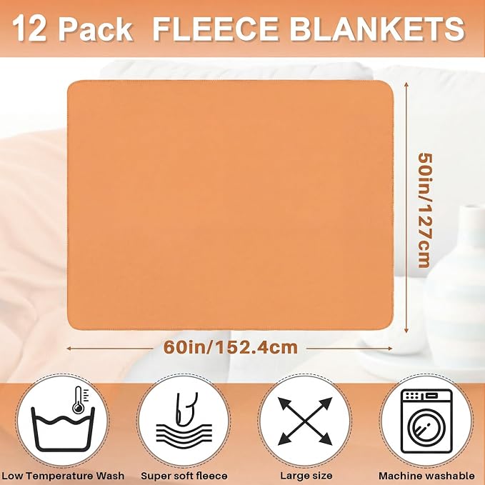 Newwiee 12 Pcs Bulk Fleece Throw Blankets 50'' x 60'' Oeko-tex Standard 100 Certified for Outdoor Wedding Guest Blankets Donation Homeless Sleepover Lap Pet Sofa, All Seasons Use (Orange) - Image 2