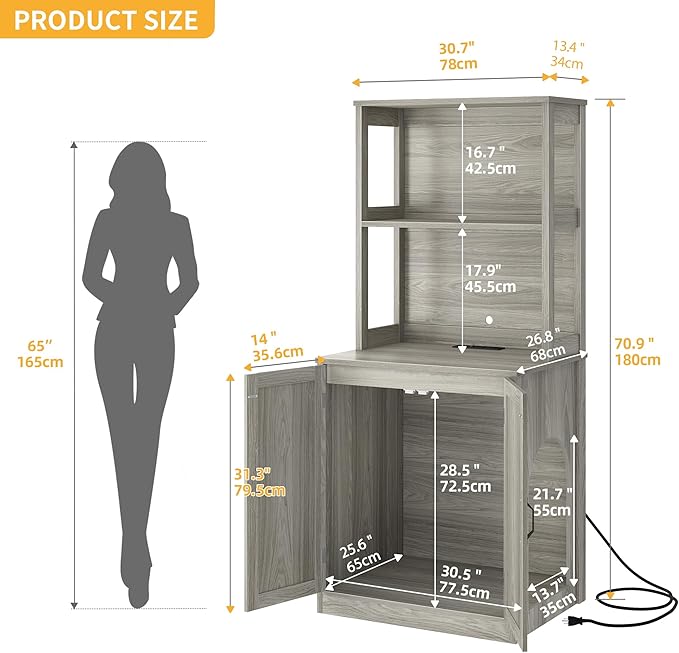 DWVO Large Hidden Litter Box Furniture with Shelves and Charging Station | Wooden Enclosure for Self-Cleaning Litter Boxes, Grey - Image 3