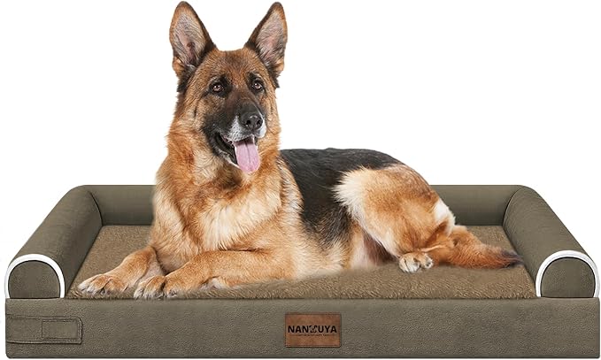 NANUYA Orthopedic Dog Bed for Jumbo Dogs, 48 x 33 Inch, Brown | Egg crate foam for joint support, 3-sided bolster pet sofa, waterproof lining, washable cover, and non-skid base by Nanuya