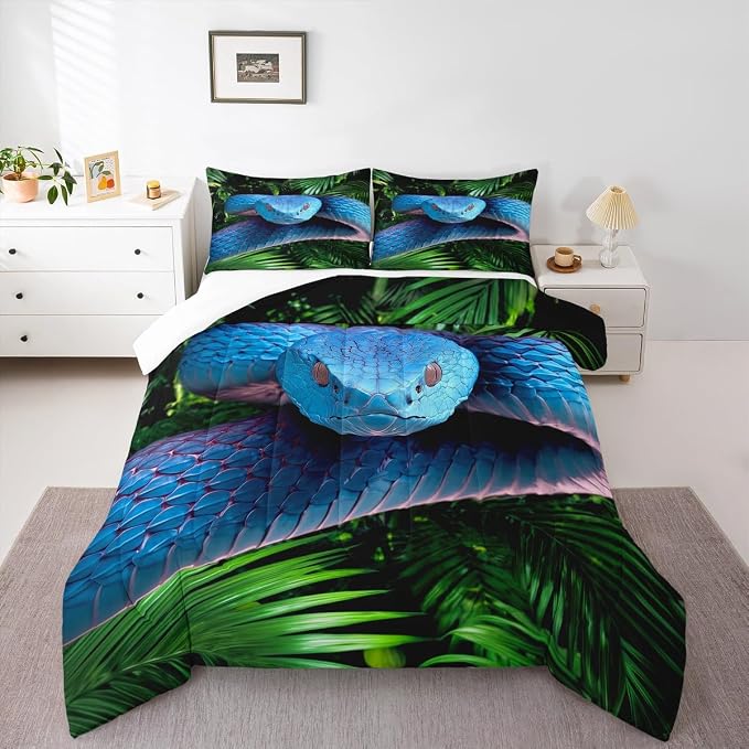 Erosebridal Snake Comforter Set Queen, Blue Snake Duvet Set, 3D Reptile Bedding Comforters, Blue Scales Quilt Set, Palm Leaf Wild Animal Stylish Quilted Duvet for Kids Boys Teens Man Bedroom Decor - Image 2