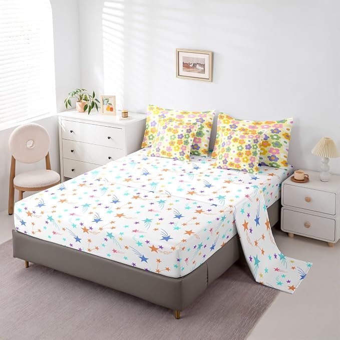 Feelyou Cute Flower 7 Piece Bedding Set Colorful Floral Comforter Set with Sheets for Kids Boys Girls Kawaii Theme Bed in a Bag Yellow Bed Set Soft Lightweight - Image 4