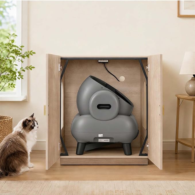 unipaws Cat Litter Box Enclosure for Self-Cleaning & Automatic Litter Boxes | Extra Large Cabinet with Charging Station, Wooden Dog Proof Hidden Cat House for Top Entry Litter Box - Image 7
