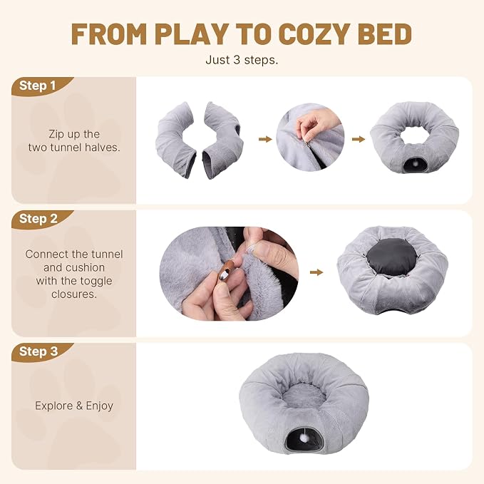Cat Tunnel Bed for Indoor Cats, 31.5in Round Cat Tunnel for Small Cats, Cat Donut Tunnel with Washable Plush Mat, Collapsible Tunnel Hideplace for Kittens, Squirrels Grey - Image 7
