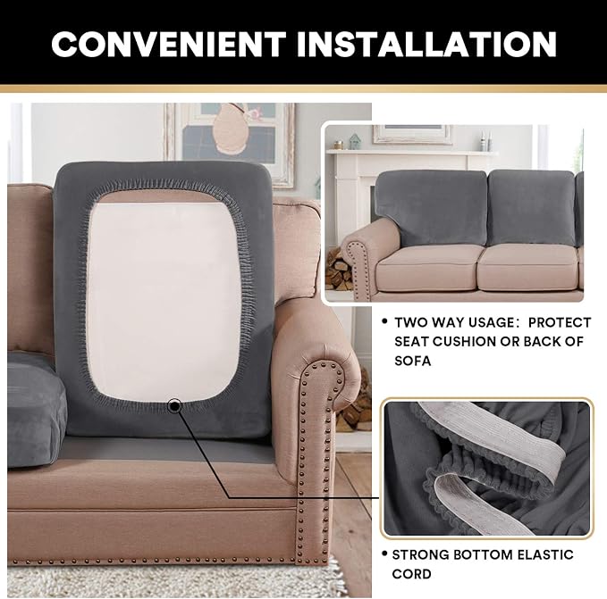 PrinceDeco Stretch Velvet Couch Cushion Covers for Individual Cushions Sofa Cushion Cover Seat, Sofa Covers Washable, Couch Seat Cushion Covers for Sectional (2 Pieces, Grey) - Image 5