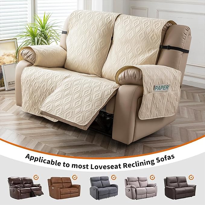 Genina Waterproof Loveseat Recliner Cover Non-Slip, Sofa Cover for Reclining Couch 2 Seat, Washable Couch Cover Loveseat Furniture Protector Cover for Pets Dogs Kids(Beige, Recliner Loveseat) - Image 4