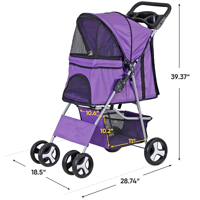 Pet Stroller 4 Wheels Dog Cat Stroller for Small Medium Dog Cats Carrier Jogger Travel Foldable Puppy with Storage Basket and Cup Holder (Purple)
