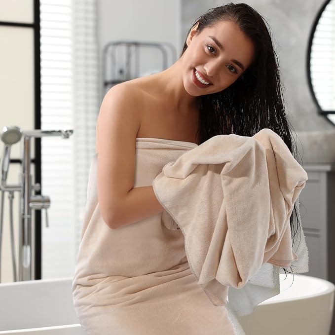 Mixweer 4 Pcs Oversized Bath Towels, 40 x 80 Inch Giant Microfiber Jumbo Bath Sheets Soft Bathroom Microfiber Quick Dry Absorbent Shower Towels for Spa Camping Beach(Light Khaki) - Image 3