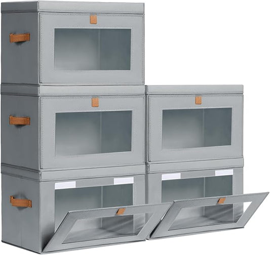 Homsorout Large Closet Storage Organizer - Clothes Storage Bins with Handles & Window, Collapsible Decorative Boxes with Lids, Fabric Containers for Living Room, Dorm, 5 Pack, Grey by Homsorout