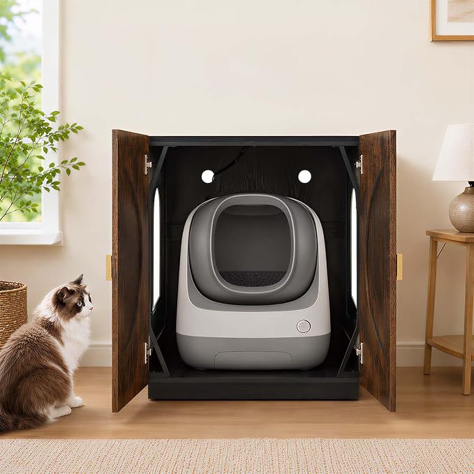 unipaws Cat Litter Box Enclosure for Self-Cleaning & Automatic Litter Boxes | Extra Large Cabinet with Charging Station, Wooden Dog Proof Hidden Cat House for Top Entry Litter Box - Image 7