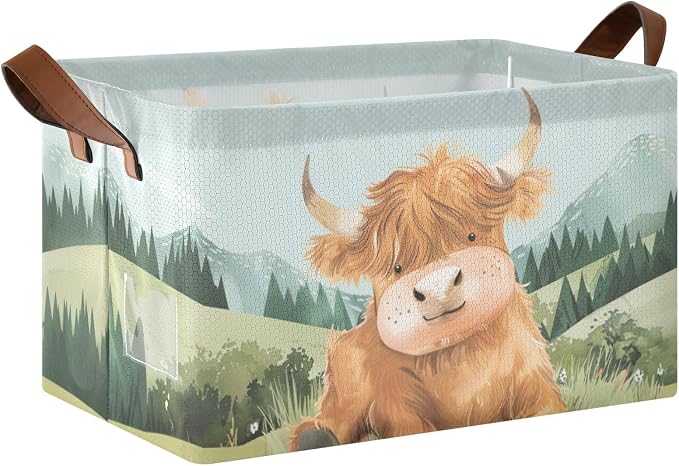 Cute Highland Cow Green Grass Baby Storage Basket with Labels&Handles Rectangular Waterproof Nursery Storage Bins Collapsible Shelf Organizer Baskets for Kids Books Cloth Gift Basket Toys Laundry by Unknown
