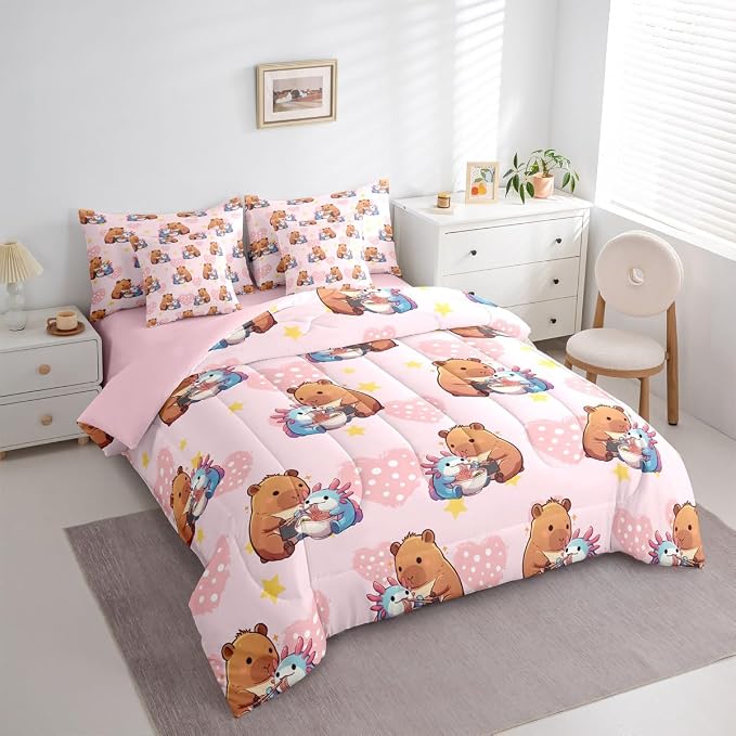 Erosebridal Girls Cute Capybara 7 Pcs Bedding Set, Axolotl King Size Bed in a Bag, Capybara Feeding Noodles to Salamanders Pink Comforter Set with Sheets, Star Polka Dot Love Heart Bed Sets - Image 3