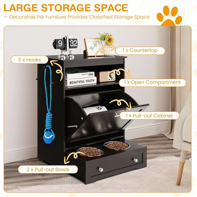 Tangkula Pet Feeder Station, Dog Food Storage Container With Double Pull Out Bowls, Food Toy Organizer Cabinet, Feeding Station Furniture for Dogs Cats Feeding & Watering Supplies (Brown) - Image 4