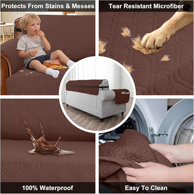 100% Waterproof Couch Cover,Straps&Pockets,pet Friendly,78" Coffee | Washable sofa cover, pet-friendly, scratch-resistant furniture protector, quilted sofa cover, reversible, non-slip backing. - Image 3