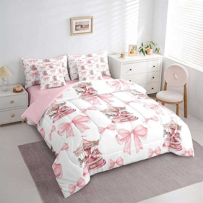 Erosebridal 7 Piece Girls Pink Princess Kids Comforter Set King Bed in a Bag,Romantic Bowknot Carousel Bedding Set for Kids Children,Dreamy Bows Duvet Insert,Cartoon Horse Geometric Sheet Set - Image 3