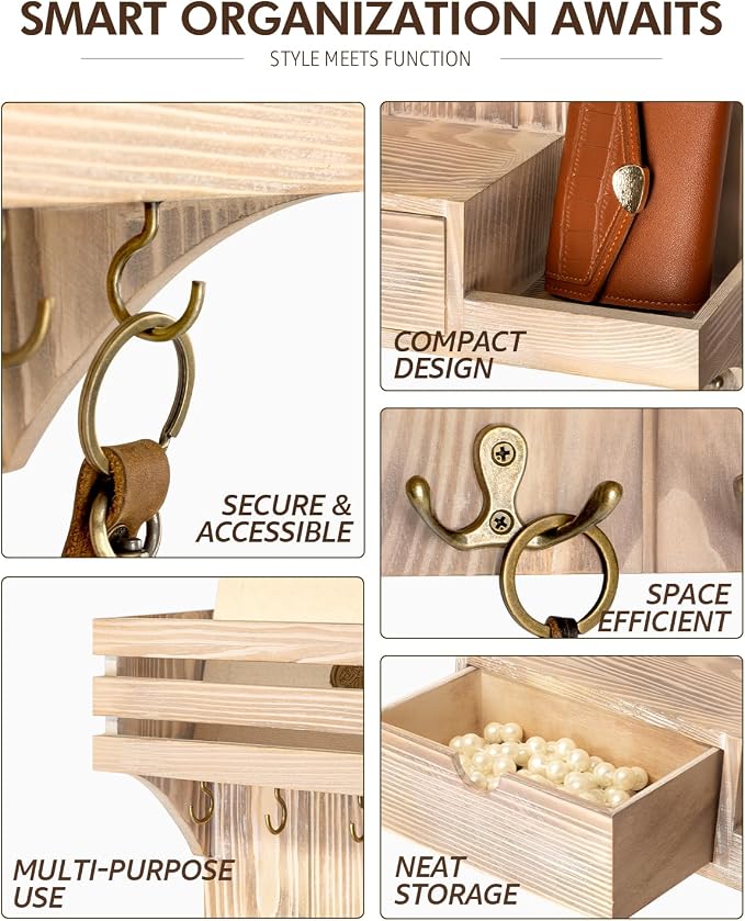 Rebee Vision Key Holder Wall Mount with Drawer for Entryway, Natural Wood | Key Holder for Wall, 9 Key Hooks, Wall Shelf, Drawer Organizer, Mail Sorter, Key Hanger Home Decor, Decorative Home Storage - Image 5
