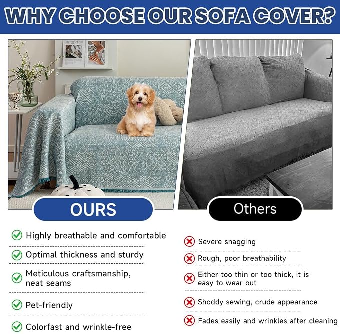 ROOMLIFE Blue Couch Cover Boho Sofa Covers for 3 Cushion Couch Washable, Furniture Protector Sofa Couch Cover for Dogs, Soft Breathable Sofa Slipcover, Couch Throw Blankets with Tassels 71''X134'' - Image 4