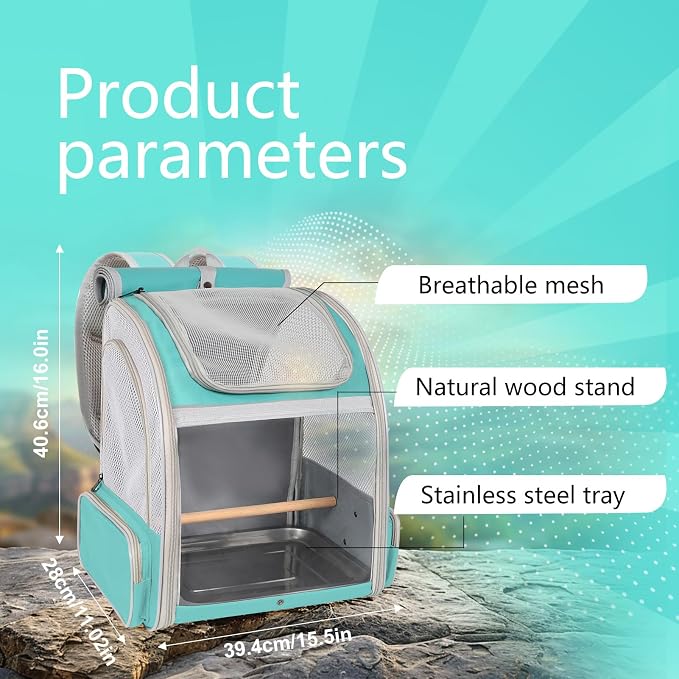 Bird Carrier Backpack for Small to Medium Bird, Portable Travel Carrier Cage with Standing Perch and Metal Tray (Green, Backpack Carrier) - Image 2