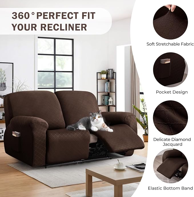 vctops Diamond Recliner Loveseat Slipcover 6-Pieces Stretch Dual Recliner Sofa Covers for 2 Seat Dual Reclining Loveseat Couch Soft Solid Furniture Protector (Dark Coffee,2 Seat) - Image 4