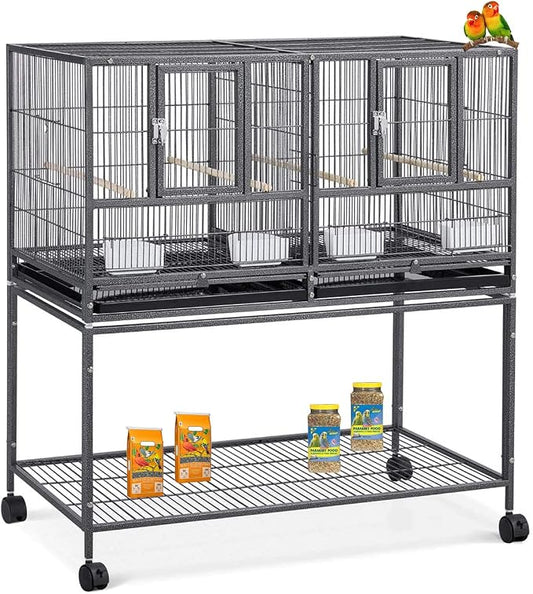 42" Sturdy Wrought Iron Single Stackable Center Divided Side Nesting Box Doors Breeder Breeding Bird Flight Double Rolling Cage for Aviaries Canaries Cockatiels Lovebirds Finches Budgies Small Parrots by Mcage
