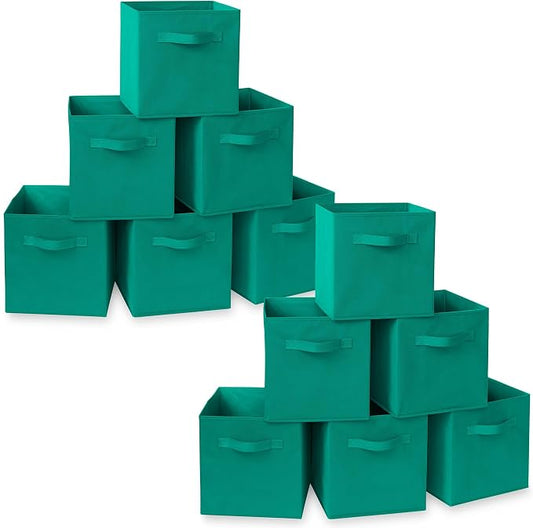 Casafield Set of 12 Collapsible Fabric Cube Storage Bins, Teal - 11" Foldable Cloth Baskets for Shelves, Cubby Organizers & More by Casafield