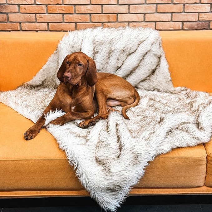 Faux Fur Dog Blanket, Waterproof Couch Cover, White w/ Brown Tips 80"x60" | Plush Sheepskin Style Pet Throw for Sofa, Bed, and Car, Washable Furniture Cover that Protects From Fur and Spills - Image 8