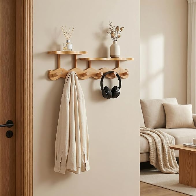 Wave-Shaped Bamboo Coat Rack Wall Mount with Shelf - Modern 6-Hook Rack | Modern Sculptural Wave Decor, Organic Wood Wall Organizer with Storage Shelf, Eco-Friendly Coat Rack for Hanging Bags, Keys - Image 3
