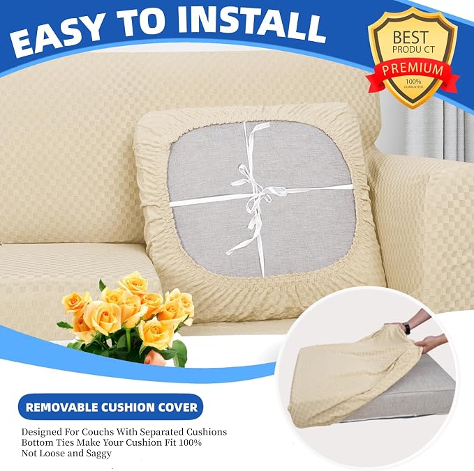 YEMYHOM Stretch Individual Cushion Covers Sofa Chair Seat Cushion Slipcovers Soft Couch Cover Replacement Large Checkered Furniture Protector with Elastic Bottom (1 Pc Cushion Cover, Light Beige) - Image 4