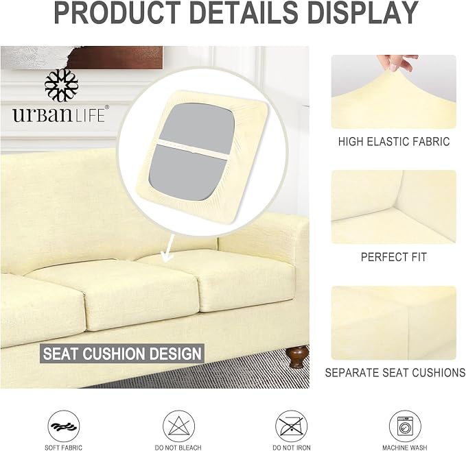 URBANLIFE 4-Piece Stretch Sofa Covers for 3 Cushion Couch, Cream | Super fitted spandex slipcovers for couches. Non-slip elastic bottom. Machine washable furniture protector for kids & pets. - Image 6