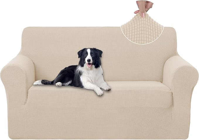 U-NICE HOME Loveseat Cover Stretch Couch Cover Sofa Slipcover, Beige | 2 Cushion Sofa, 1-Piece Sofa cover, Washable, Pet friendly, Furniture protector, Polyester Spandex Jacquard fabric by U-NICEHOME