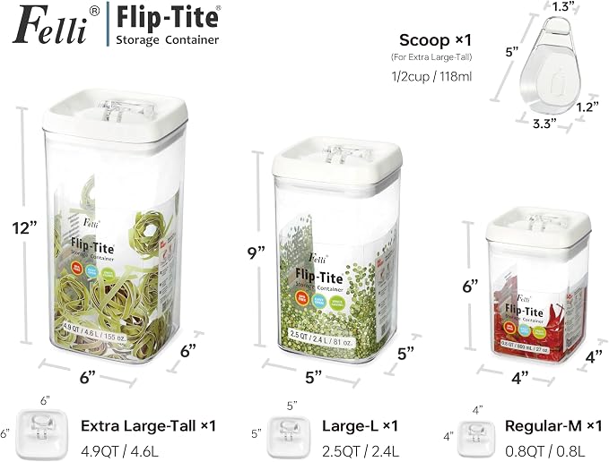 Felli Flip Tite Acrylic Food Storage Container with Lid 6” XL Air Tight Ring Seal Flip Top, Plastic Kitchen Baking Canister for 5 lb Flour Sugar Rice Protein Powder Pantry Organizer (Nest-M, White) - Image 5