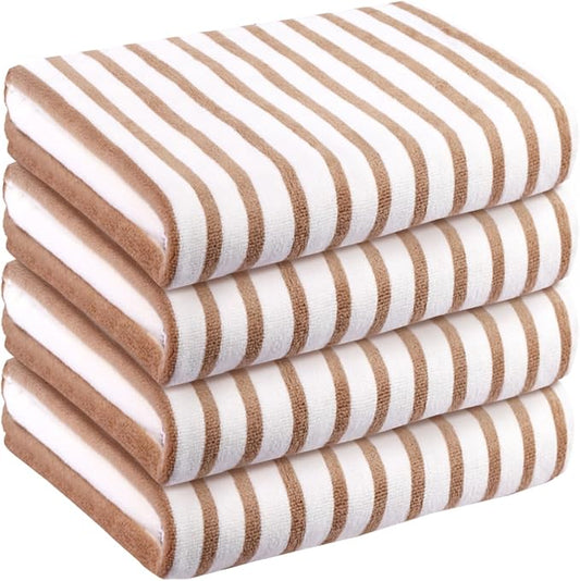 JML Microfiber Bath Towel Sets, 4 Pack, 27" x 55", Cabana Stripe Coffee | Soft, Super Absorbent, Fast Drying Bath Towel Set for Swimming, Pool, Summer Beach Party by JML