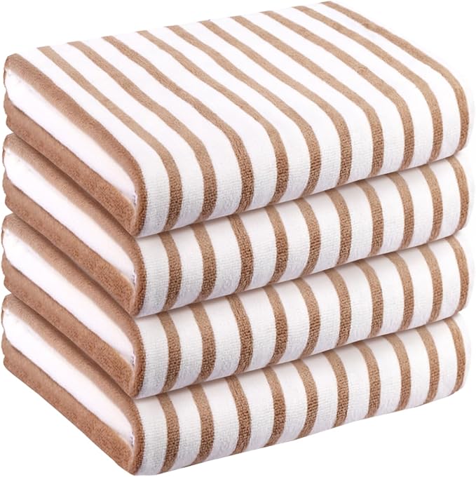 JML Microfiber Beach Towels Set of 4, 30" x 60", Cabana Stripe Coffee | Hanging Loop, Soft, Absorbent, Quick Dry Bath Towel for Summer Swimming Pool Party, Yoga, Camping by JML