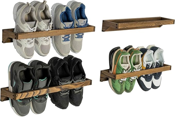 MyGift Set of 4 Rustic Burnt Solid Wood Hanging Shoe Storage Organizer Racks, Wall Mounted Space Saving Footwear Holder for Closet, Mudroom, Entryway, Holds 8 Pairs by MyGiftHome