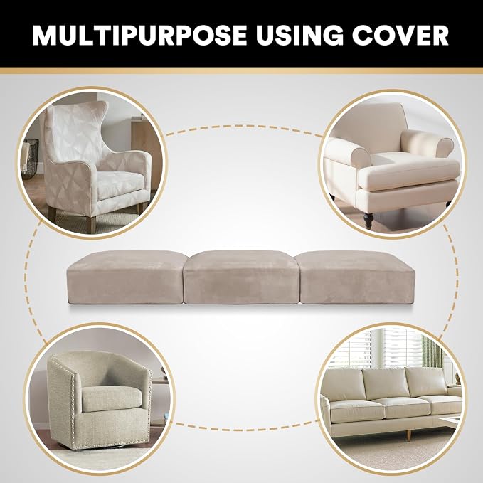 PrinceDeco Velvet Stretch Couch Cushion Cover, Sofa Slip Covers for 3 Seat Cushion Couch Chair Loveseat Sofa Cushion Furniture Protector Cushion Sofa Cover Each Width Up to 29.5", Oatmeal - Image 3