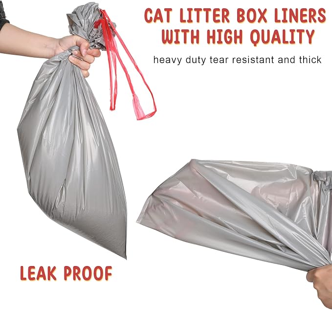 Tinlade 50 Count Jumbo Cat Litter Box Liners Large Drawstring Cat Litter Liners Bags Unscented Tear Resistant for Trash Waste to Keep Your Home Clean(39 x 22 Inch,Gray, Red) - Image 4
