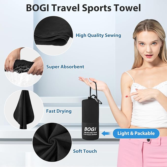 BOGI Microfiber Travel Sports Towel-Quick Dry Towel, Soft Lightweight Microfiber Camping Towel Absorbent Compact for Camping Gym Yoga Swimming Backpacking (L:60''x30''+16''x16''-Black) - Image 3