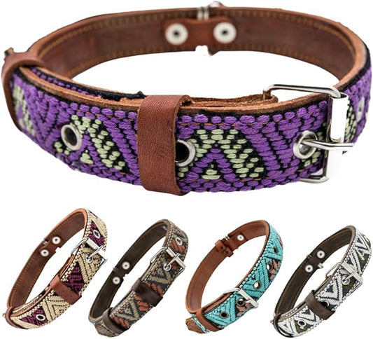 Western Dog Collar – Leather Embroidered Design for Small Medium Large Dogs & Puppy Pets - Aztec & Southwest for Boy and Girl Female & Male Dogs - Collar para Perros Beaded (Medium Amethyst)