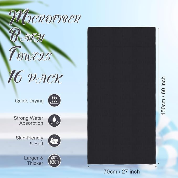 SmoothNovelty 16 Pack Microfiber Bath Towels Bulk 27'' x 60'' Oversized Beach Towel Highly Absorbent Extra Large Soft Drying for Shower Pool Salon Sauna Bathroom Gym Party (Simple,Black) - Image 2