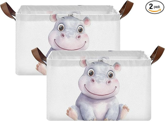 Cute Baby Hippopotamus Hippo Animal Storage Basket with Labels&Handles Rectangular Waterproof Nursery Storage Bins Collapsible Shelf Organizer Baskets for Kids Books Cloth Basket Toys Laundry, 2 PC by Unknown