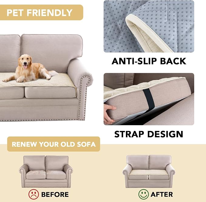 H.VERSAILTEX Couch Cover Chenille Pet Fuzzy Sofa Covers for 2 Cushion Couch Anti Slip Washable Sofa Slipcovers with Strap Soft Couch Protector Cover for Dogs Cats Kids(27.6" x 59", Ivory) - Image 4