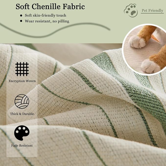 DREAMINGO Couch Cover Reversible Chenille Loveseat Sofa Covers for Dogs Pets Beige Green Couch Protector for 2 Cushion Couch Sofa Vertical Stripe Jacquard Sofa Slipcover Sectional, 71"x118" - Image 3