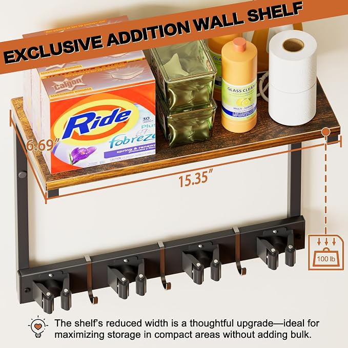 Broom Holder Wall Mount with Cleaning Supplies Organizer, Laundry Room Organization and Storage Shelves, Mop Hanger Broom Rack with Hooks, Home Improvement Kitchen Shelf Garage Organizer - Image 4