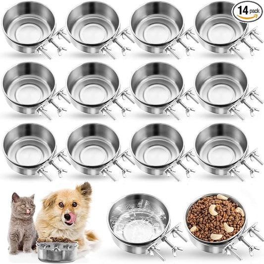 Silkfly 14 Pack Stainless Steel Hanging Dog Crate Bowls, Non-Spill Kennel Food & Water Bowls with Screw Clamp Holders, Removable, Easy to Clean Metal Cage Feeder for Pets(19 oz) by Silkfly