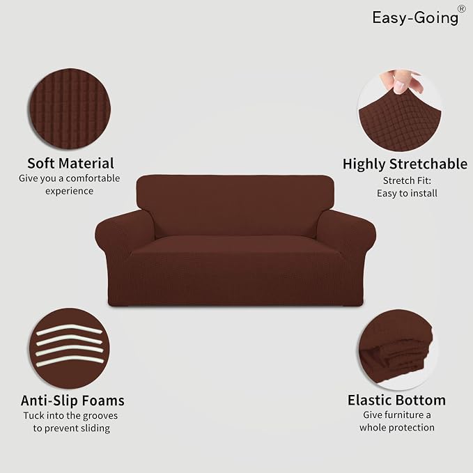 Easy-Going Stretch Oversized Loveseat Couch Covers Washable Coffee | 1-Piece Large Loveseat Cover for 2 Cushion Couch Furniture Protector RV Sofa Slipcover Soft with Bottom for Kids Pets - Image 3