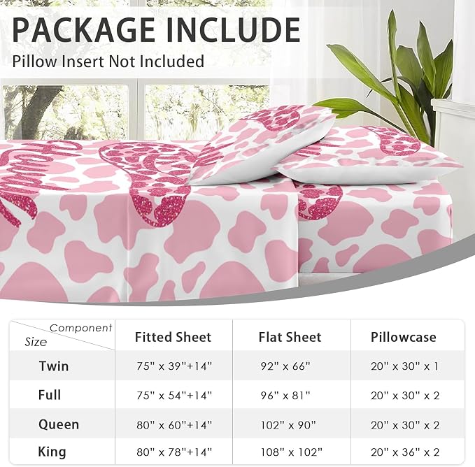 WeCozy Full Size Bed Sheet Sets with Pillowcases, Western Cowboy Cow 4 Pcs Soft Microfiber Bedding for Kids and Adults, Pink Leopard Print Cowgirl Flat, Fitted Sheet for Bedroom Bed Decor - Image 6