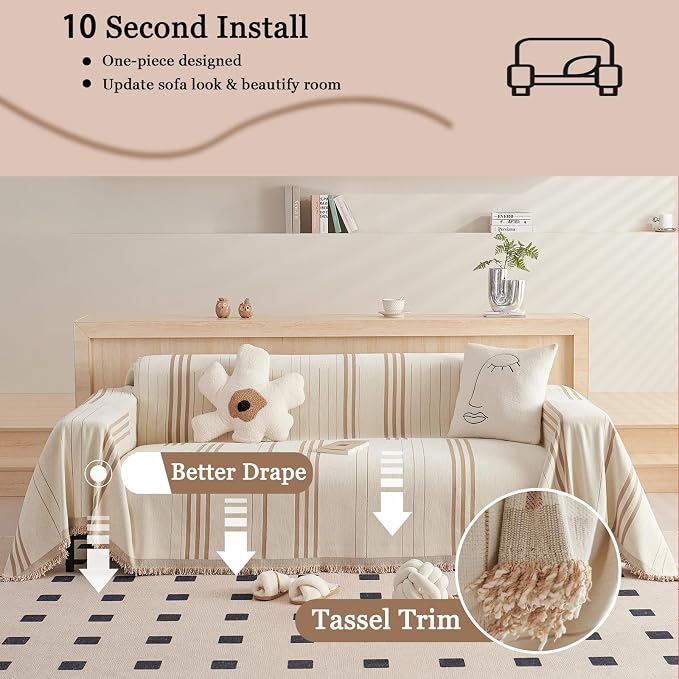 DREAMINGO Couch Cover Washable Chenille Sofa Protector for Pet Kids Beige Coffee Loveseat Couch Covers for 2 Cushion Couch Stripe Jacquard Versatile Sofa Throw Slipcover for Futon Couch, 71"x102" - Image 4