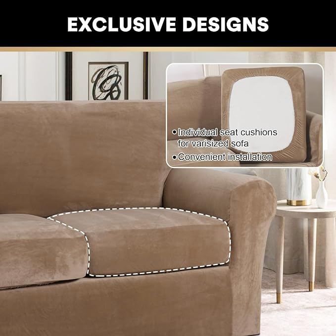 PrinceDeco Velvet Plush Couch Cover Stretch 2 Piece Chair Cover Chair Slipcover Washable Furniture Protector Couch Soft with Elastic Bottom Armchair Cover Width Up to 49 Inch(Small, Camel) - Image 5
