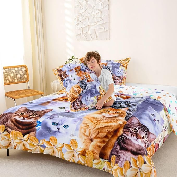 Feelyou Cats Comforter Set Cute Cat Animal Printed Bedding Set for Kids Boys Girls Pet Cat Design Comforter Lovely Floral Orange Quilt with 2 Pillowcases 3Pcs Bedding Queen Boys - Image 3
